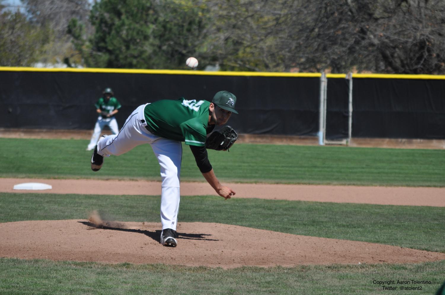 Nate Jenkins releases a pitch during his complete-game victory over Sierra College at Diablo Valley College in Pleasant Hill, California on March 26, 2018. | Photo by Aaron Tolentino