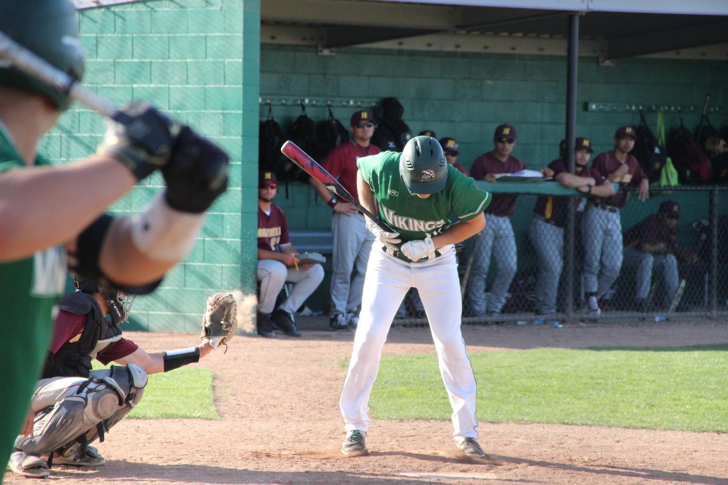 Vikings batter Colton Parker takes a questionable strike three pitch with the bases loaded that ended the eighth inning against Hartnell College in Pleasant Hill on April 3, 2018. | Photo by Aaron Tolentino