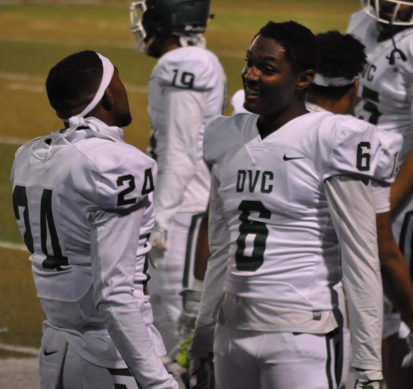 Cory Cox (6) celebrates with fellow defensive back, Isaiah Creal-Musgray (24), after Cox's second interception of the night returned for a touchdown in a game against Contra Costa College on November 4, 2017 in San Pablo, California. | Photo by Aaron Tolentino