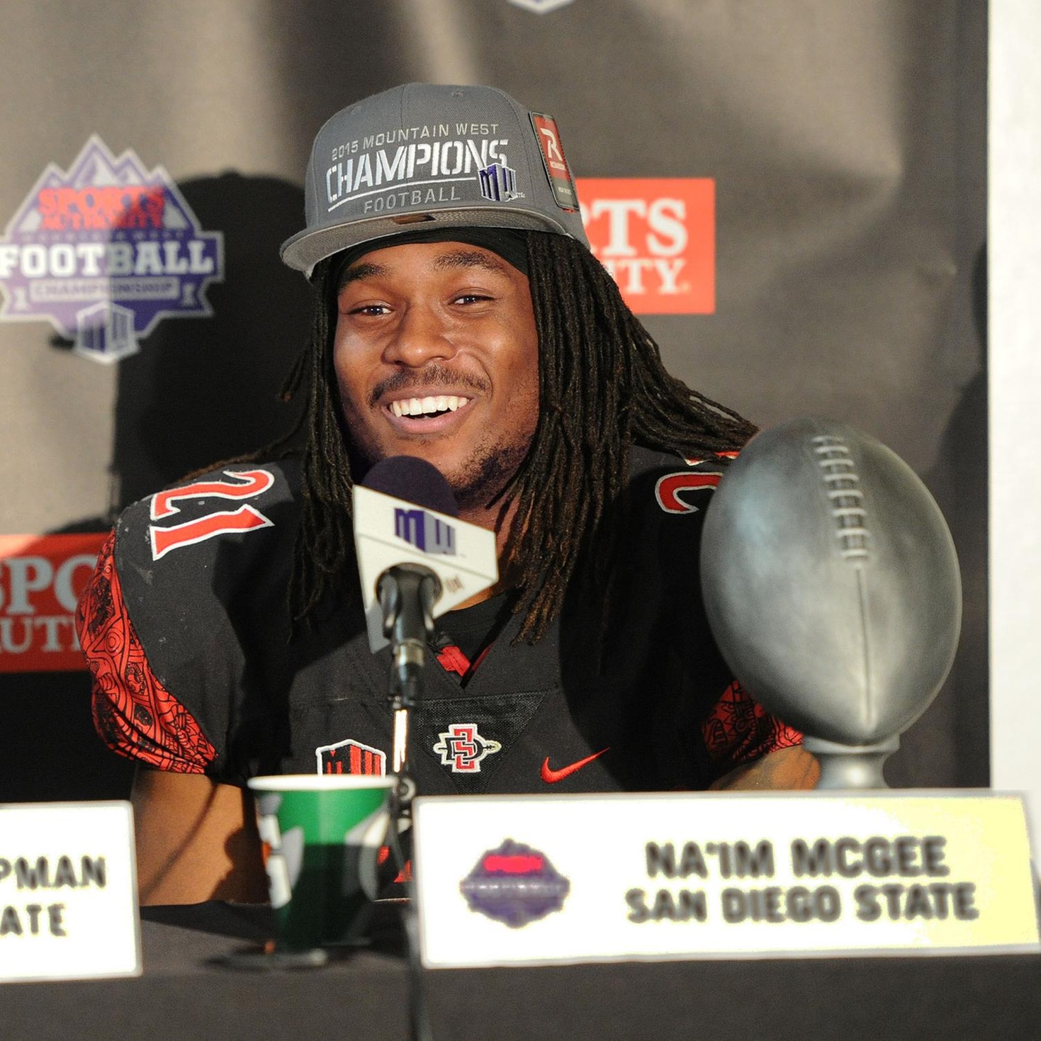 Na'im McGee at a press conference after winning the Mountain West Championship Defensive MVP in 2015.

Photo courtesy of Ernie Anderson/ SDSU Media Relations obtained by Aaron Tolentino