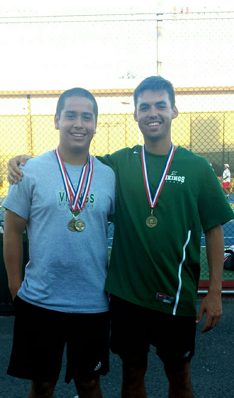 Mariano Salvador (left) medal for  MJC Tennis Invitational Flight 3 Singles Championship runner-up. Salvador and Garrett Goldman (right) medal for MJC Tennis Invitational Flight 1 Doubles Championship runner-up.