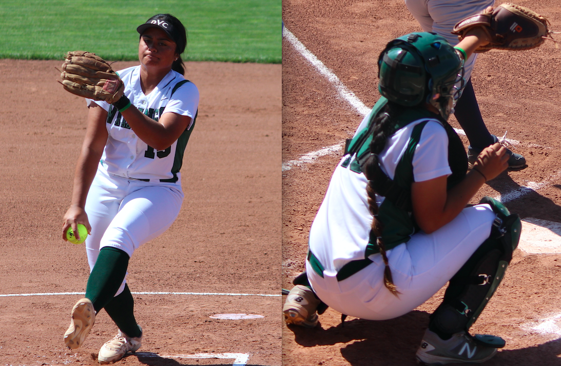 Pitcher Sita Manoa (left) and catcher Elvia Alvarado (right) in DVC's win over American River College in Pleasant Hill on April 24, 2018. | Photo by Aaron Tolentino